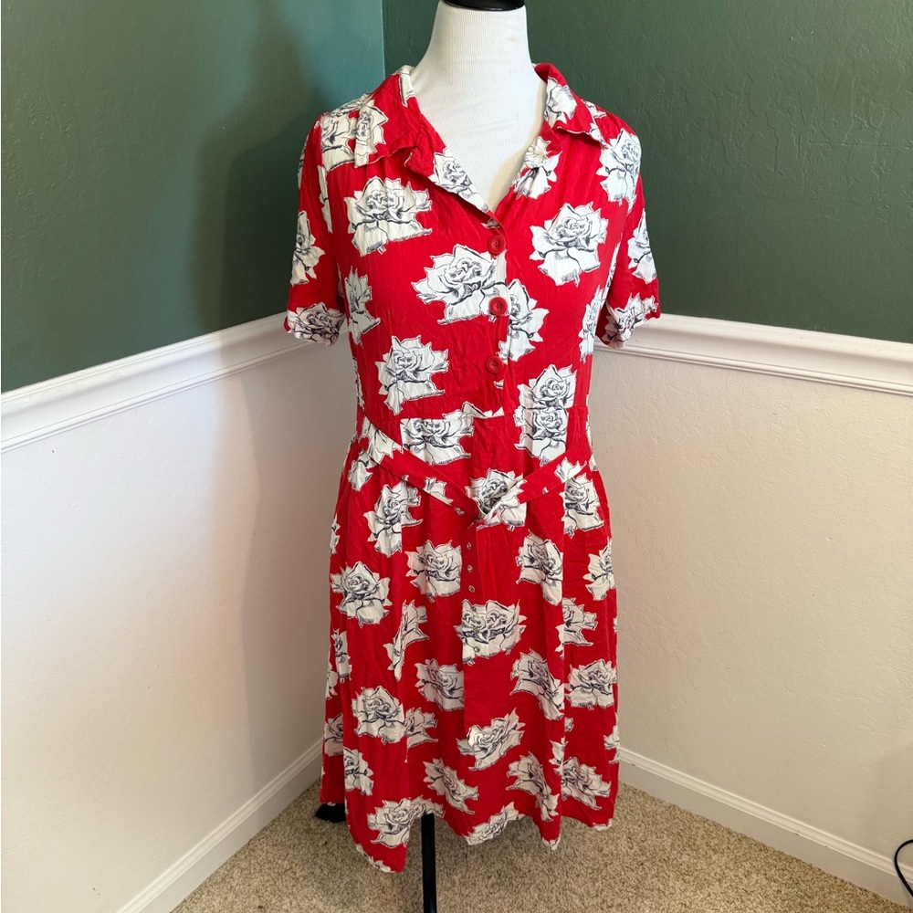 Joanie x Horrockses Red Floral Shirt Dress US 14